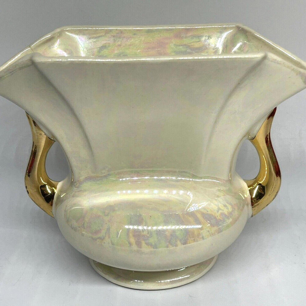 Iridescent Ivory Double Handled Vase 22K Gold Handles Pearl China Co Vintage